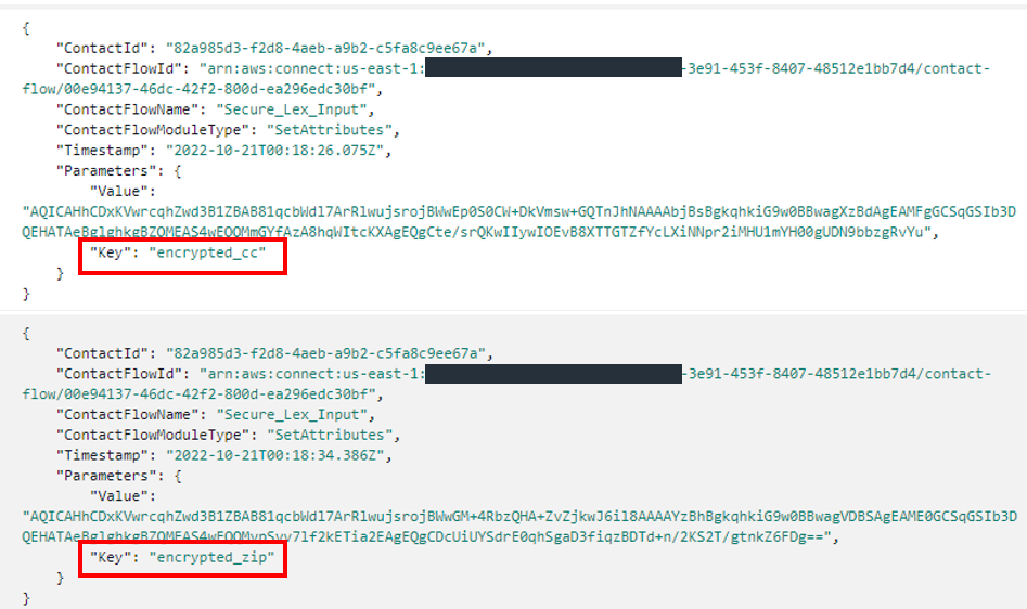 Figure 7: Sample log showing encrypted values for zipcode and creditcard