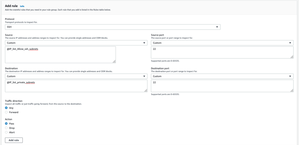 Figure 6: Example of a Network Firewall rule group with custom IP set references