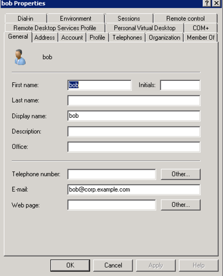 Figure 3: User properties of bob in the Active Directory