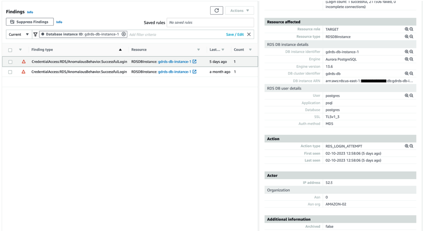 Figure 4: Finding with details showing Amazon RDS database instance and user details