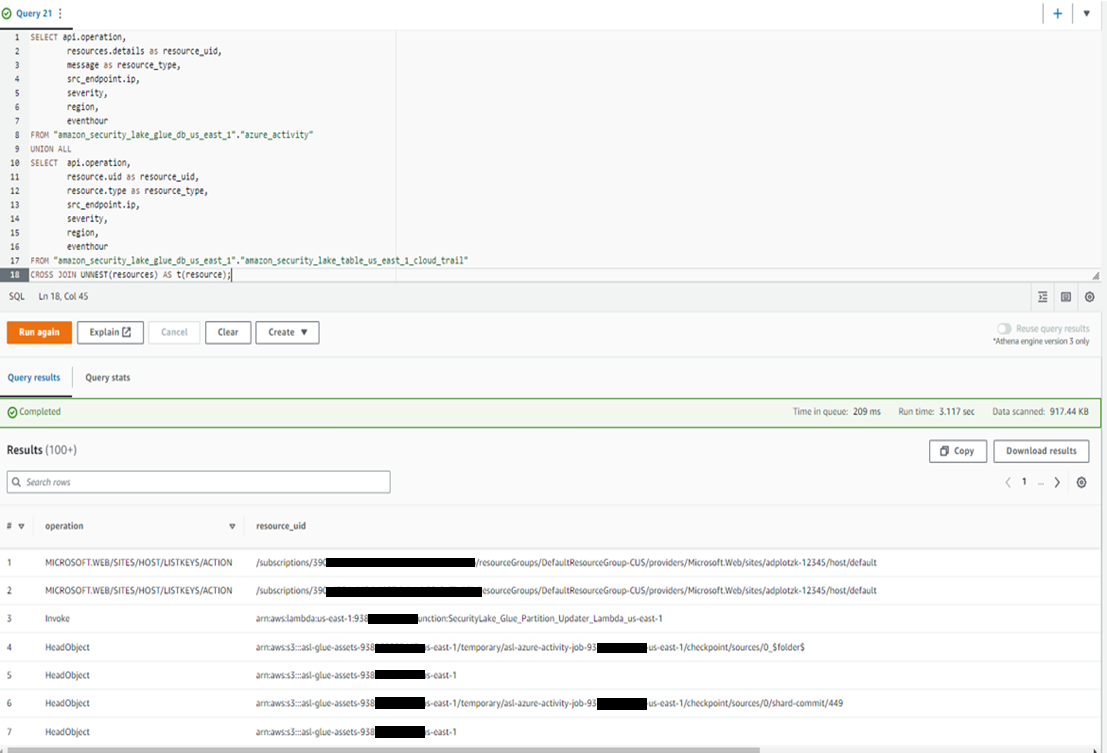 Figure 5: Querying AWS CloudTrail and Microsoft Azure audit logs together in Amazon Athena