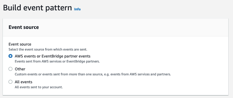 Figure 11: Event pattern with AWS events or EventBridge partner events selected