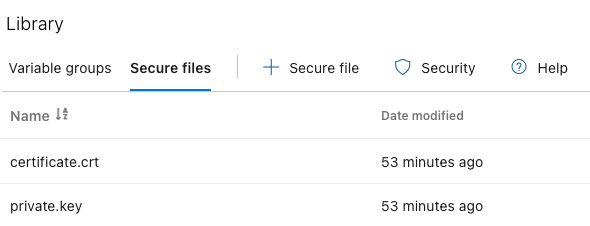 Figure 8: Azure DevOps configuration steps: Upload certificate and private key