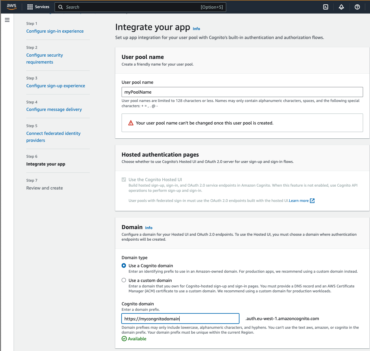 Figure 10: User pool and domain name