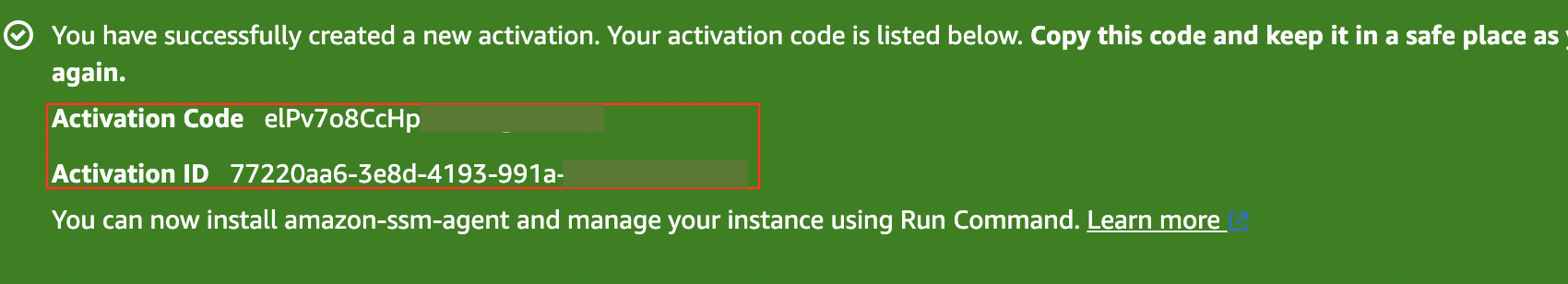 Figure 4: Successful hybrid activation with activation code and ID