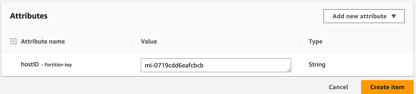 Figure 9: DynamoDB table hostID attribute creation