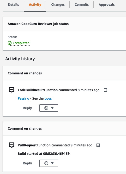 Figure 17: CodeCommit activity history
