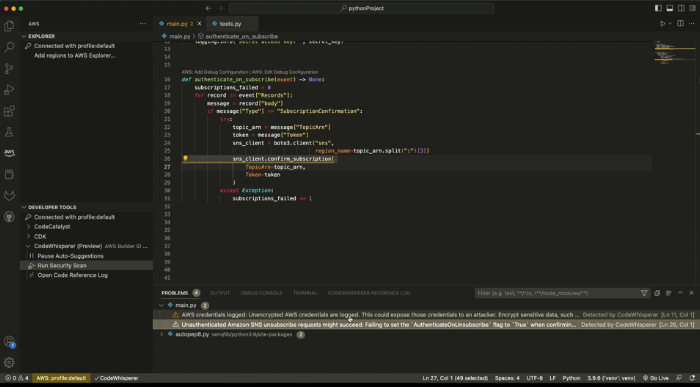 Figure 2: CodeWhisperer performing a security scan in Visual Studio Code