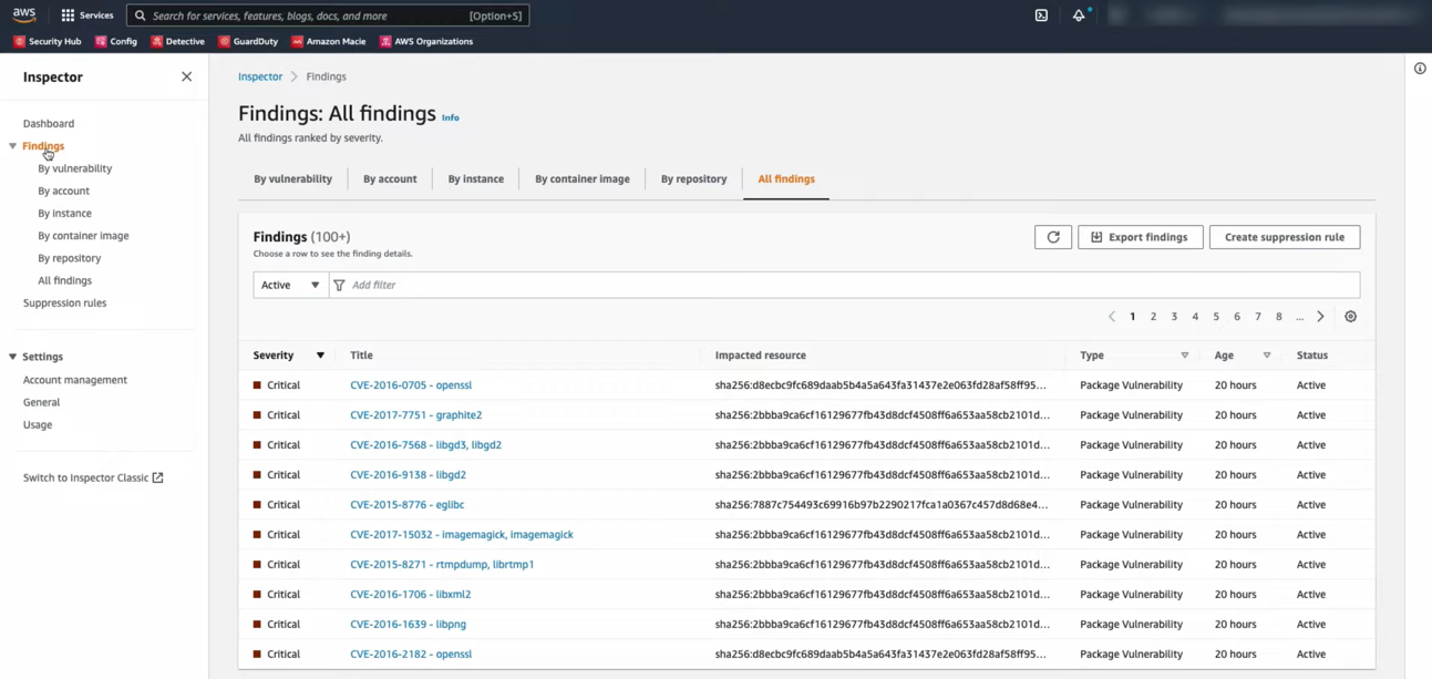 Figure 20: Findings in Amazon Inspector sorted by severity (default)