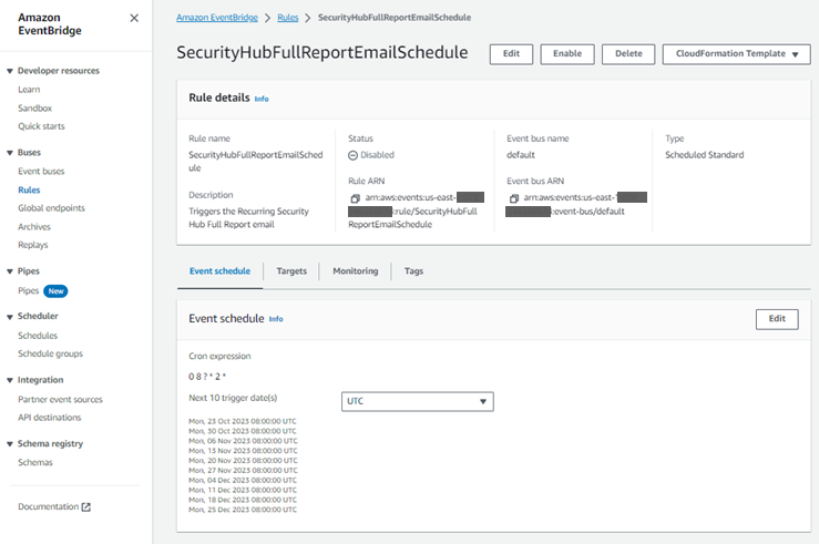 Figure 6: Example of the EventBridge schedule created by the solution