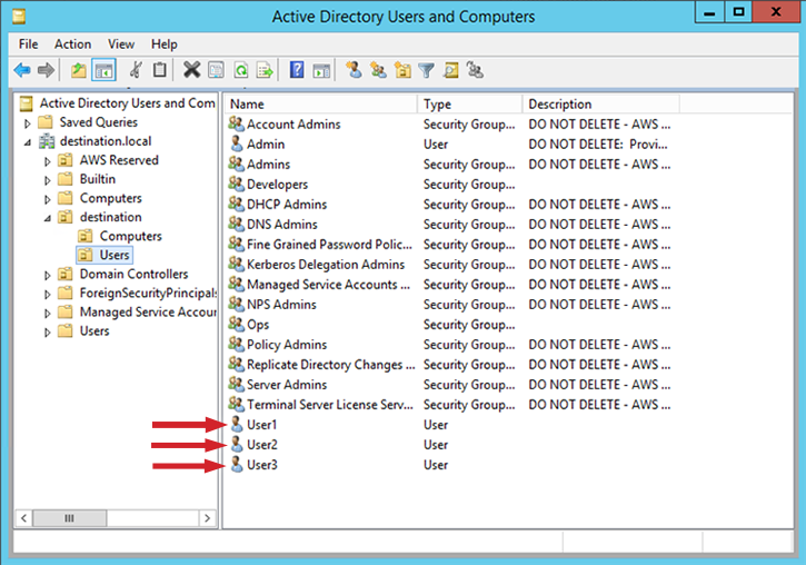 Figure 12: Checking the users exist in the destination.local domain