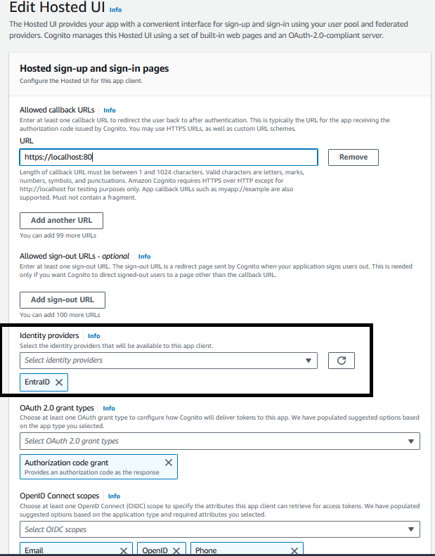 Figure 10: Enabling the Entra ID SAML identity provider in the Cognito app client
