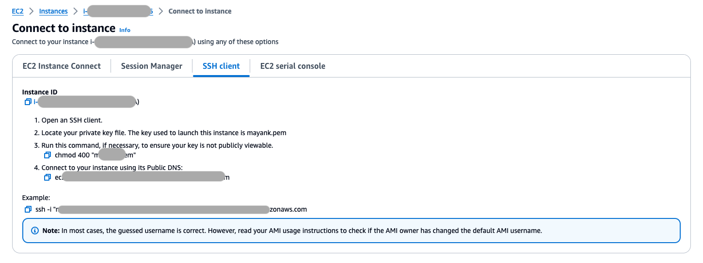 Figure 3: The steps for connecting to the instance using SSH client