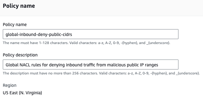 Figure 2: Network ACL policy name and description