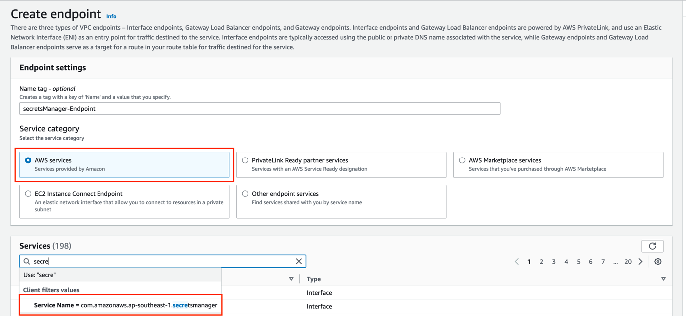 Figure 10: Create a VPC endpoint for Secrets Manager