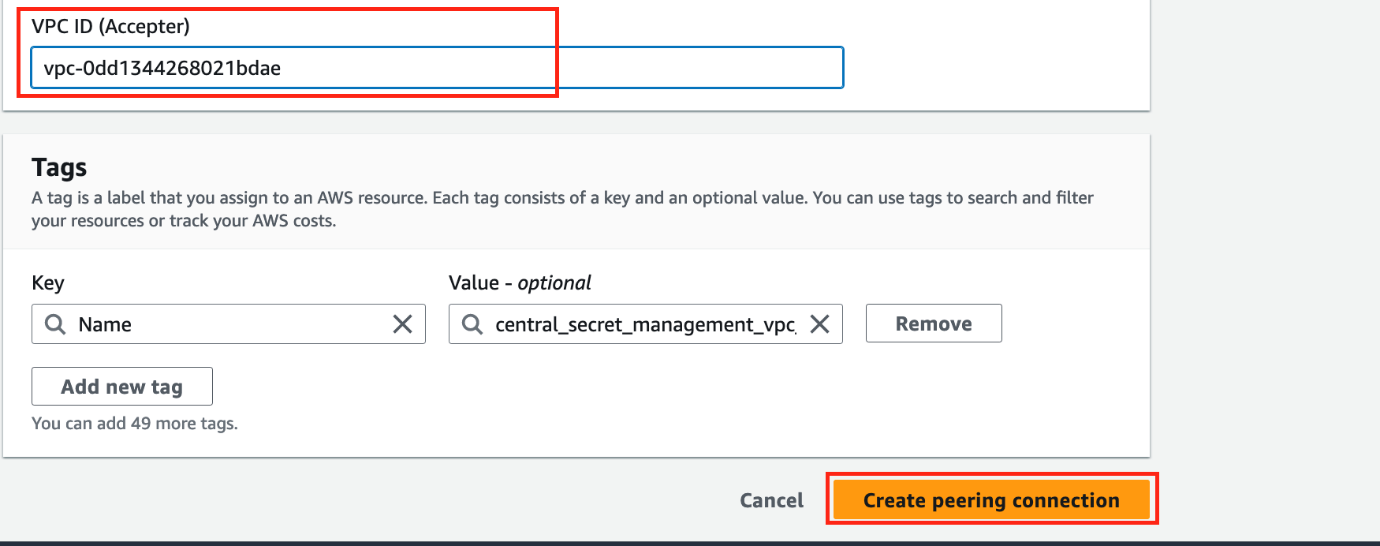 Figure 14: Create VPC peering connection – Entering the VPC ID