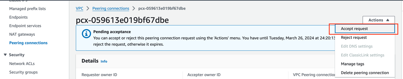Figure 15: Accepting the VPC peering request from the database account (Accounts A, B, and C)