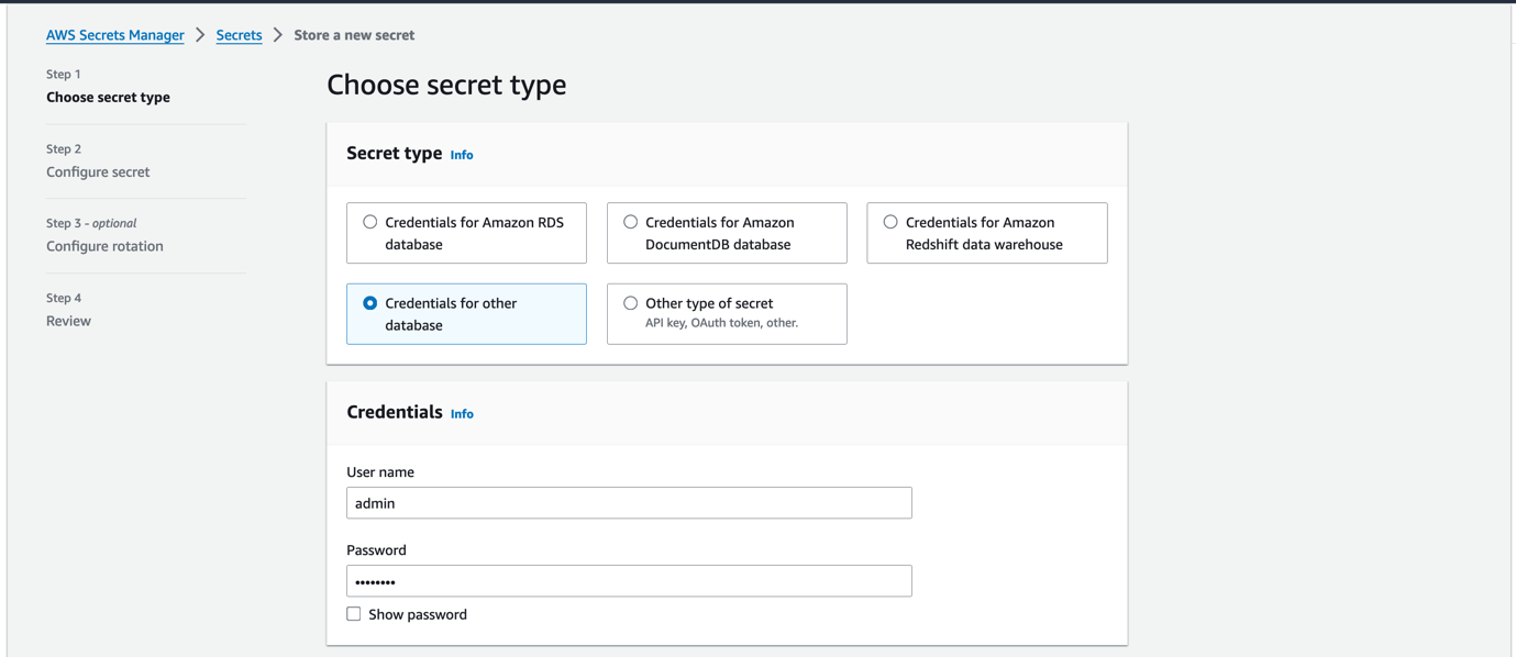 Figure 2: Create and store a new secret using Secrets Manager