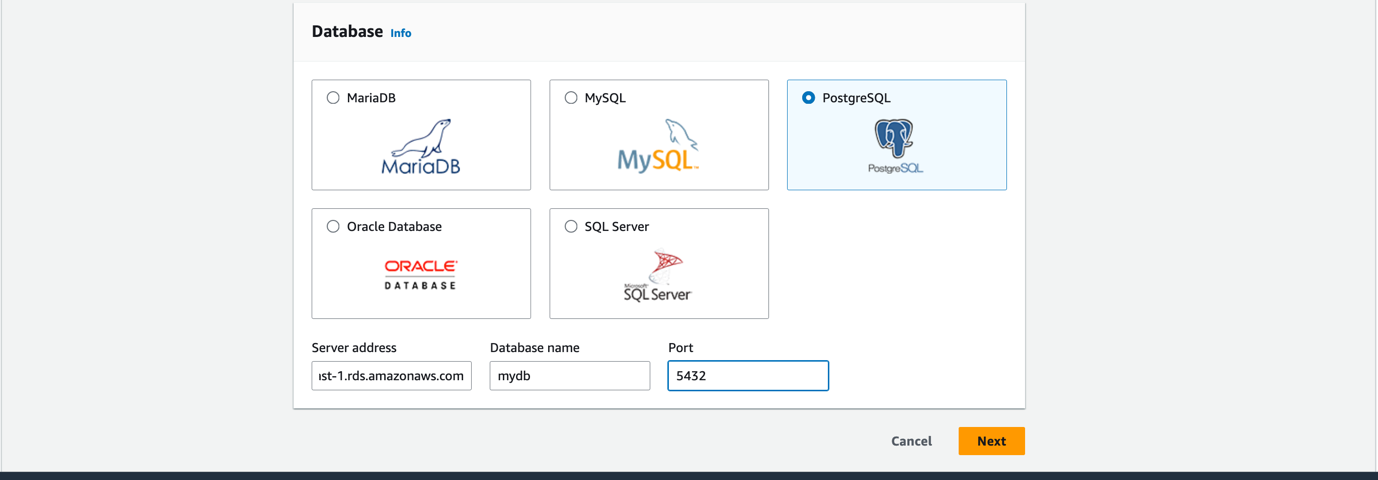Figure 4: Selecting the database and providing the database details