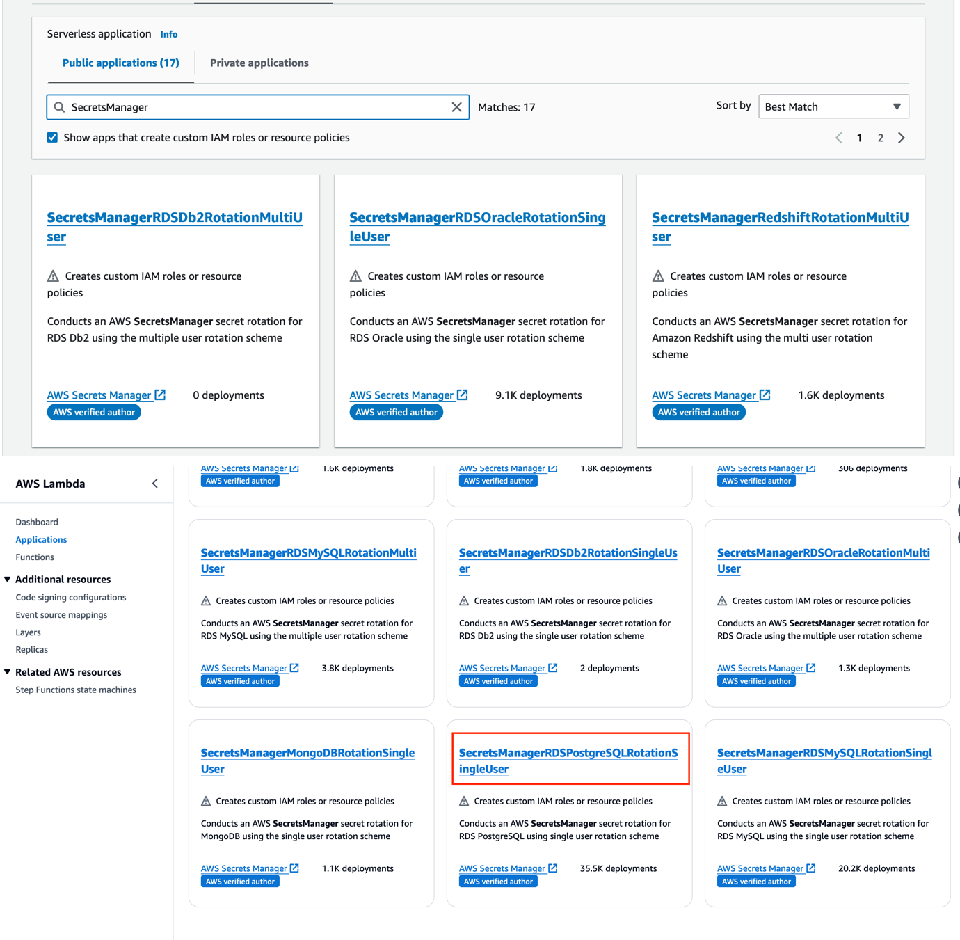 Figure 6: Choosing the AWS provided PostgreSQL rotation function (optionally you may choose a different rotation Lambda function)