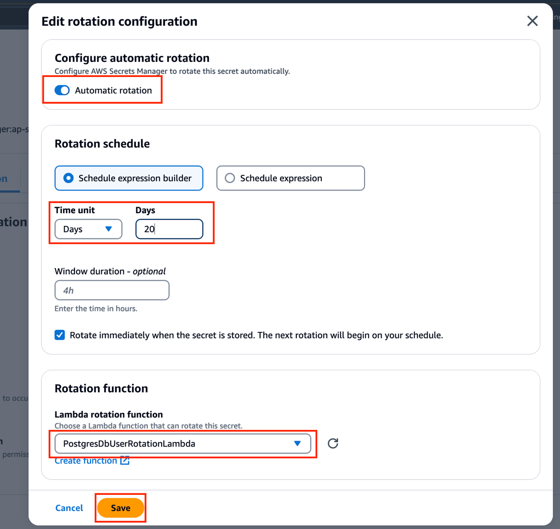 Figure 9: The rotation configuration settings in the Secrets Manager console