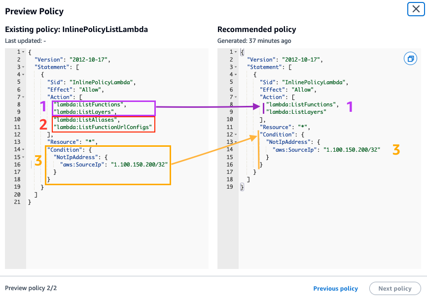 Figure 5: Preview the recommended policy for the existing inline policy InlinePolicyListLambda