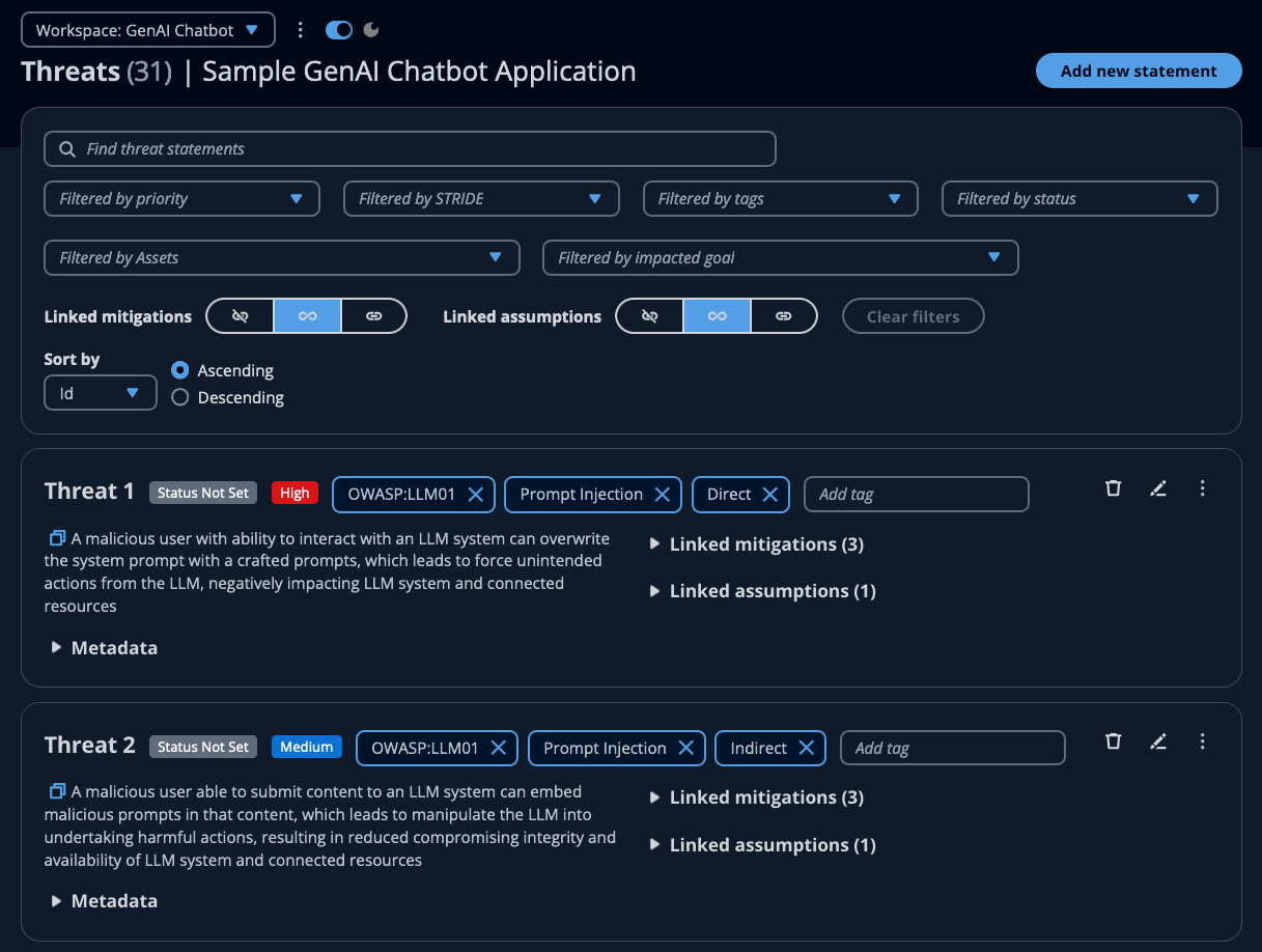 Figure 3: Threat Composer sample genAI chatbot application – threat view