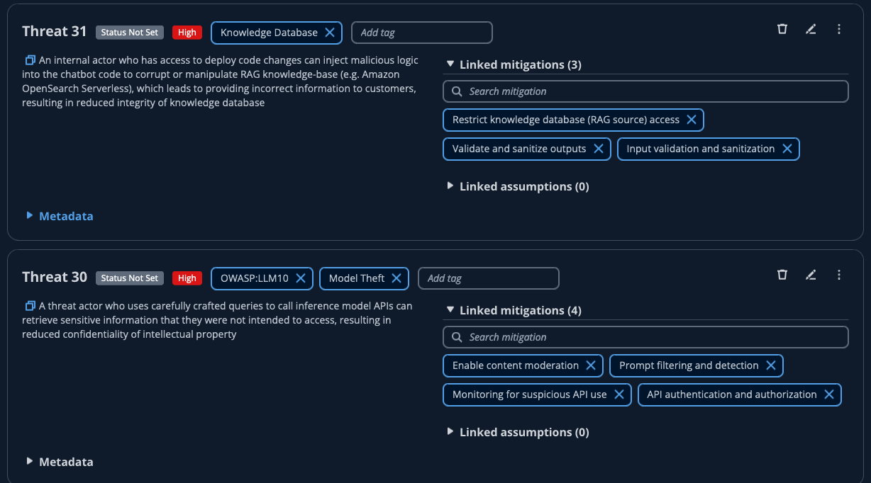Figure 4: Completed threat statements with metadata and linked mitigations