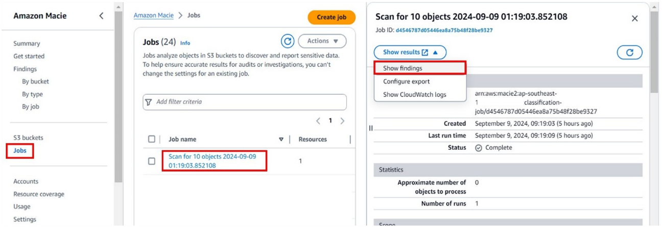 Figure 7: Show Macie data discovery job findings