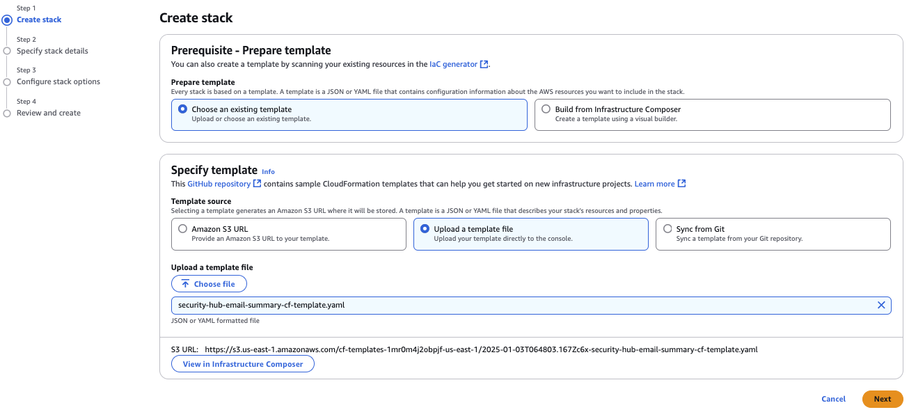 Figure 10: Upload CloudFormation template