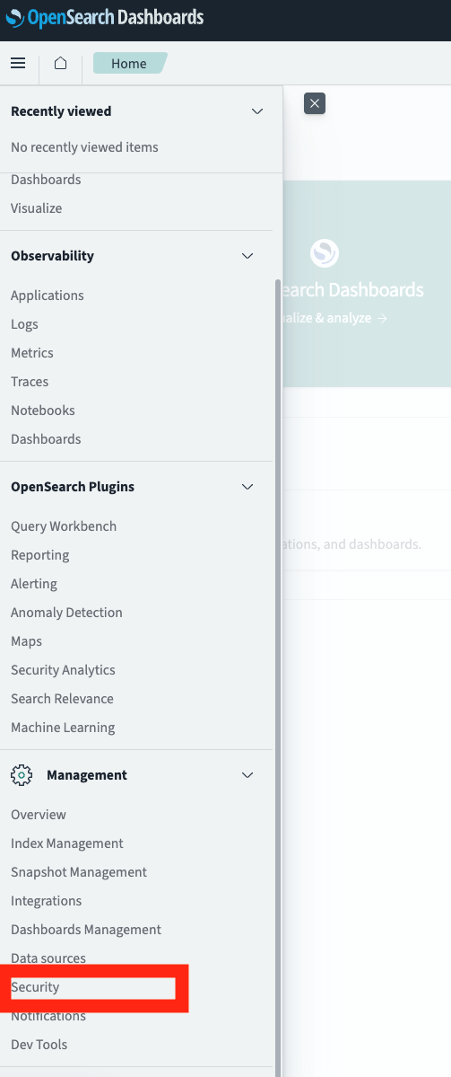 Figure 13: Navigating to the Security page in the OpenSearch console