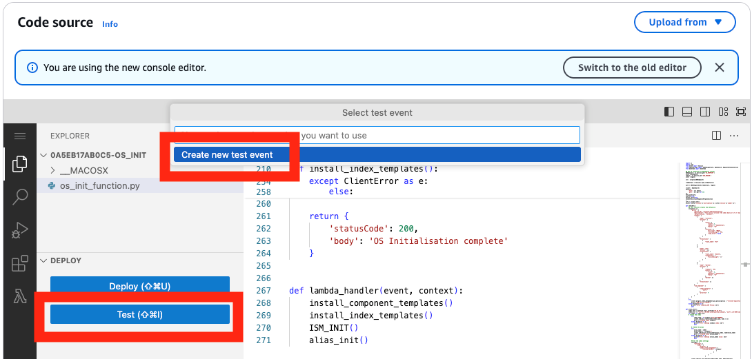 Figure 15: Creating the test event in the Lambda console