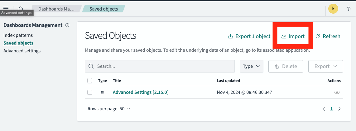 Figure 19: Import saved objects