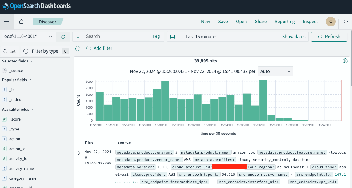 Figure 20: The Discover page displaying ingested logs