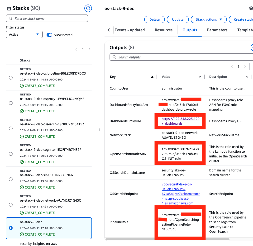 Figure 9: The stacks in the CREATE_COMPLETE state with the outputs panel shown