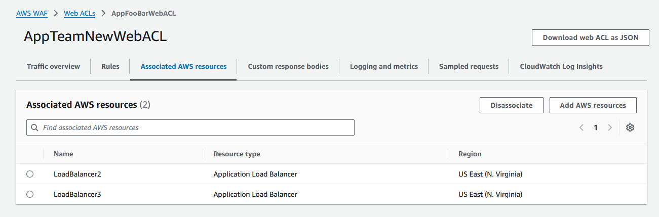 Figure 15: A retrofitted web ACL associated with in-scope and out-of-scope ALBs