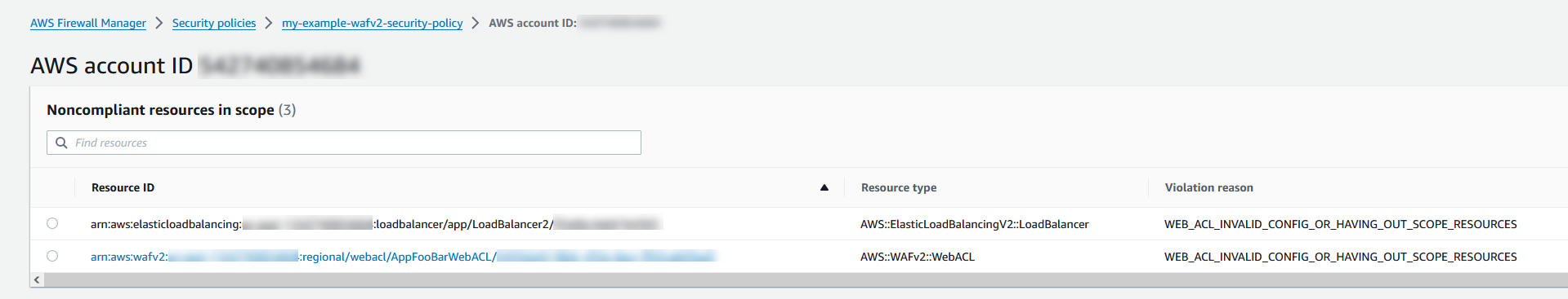 Figure 16: Shows retrofit-specific reasons a resource or web ACL will be marked noncompliant. In this case, a not-in-scope resource is associated with a web ACL where another associated resource is in-scope.