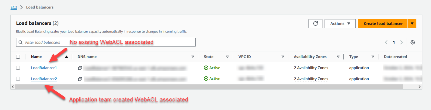 Figure 4: Two existing ALBs, one with an existing web ACL and the other without