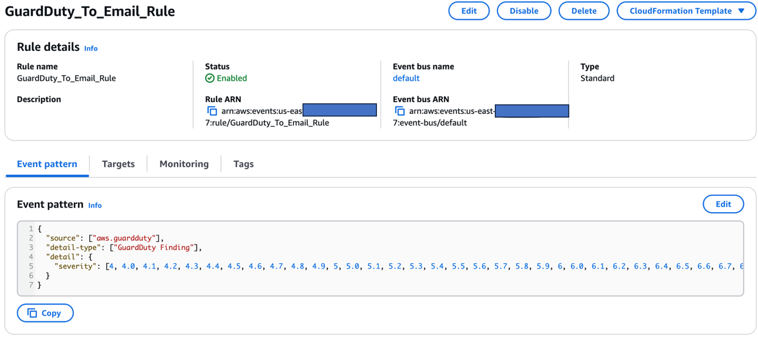 Figure 4: EventBridge rule to send GuardDuty findings to SNS