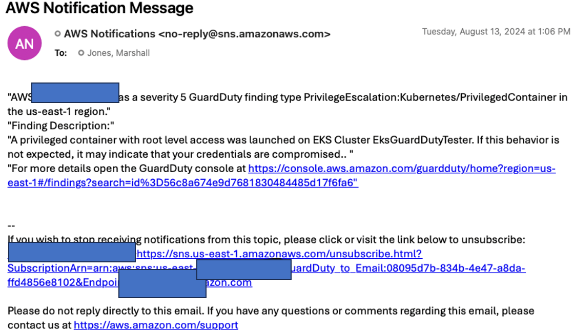 Figure 5: SNS notification from a GuardDuty finding