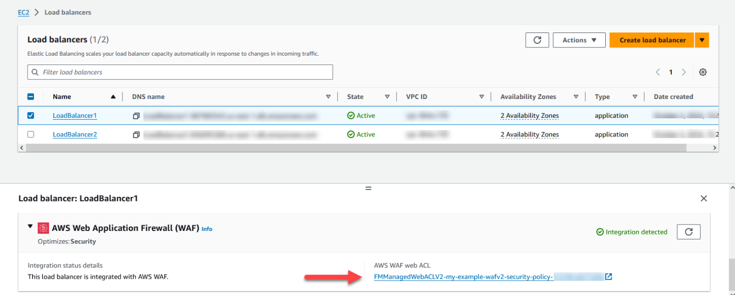 Figure 5: LoadBalancer1 is now associated with a Firewall Manager managed and created web ACL