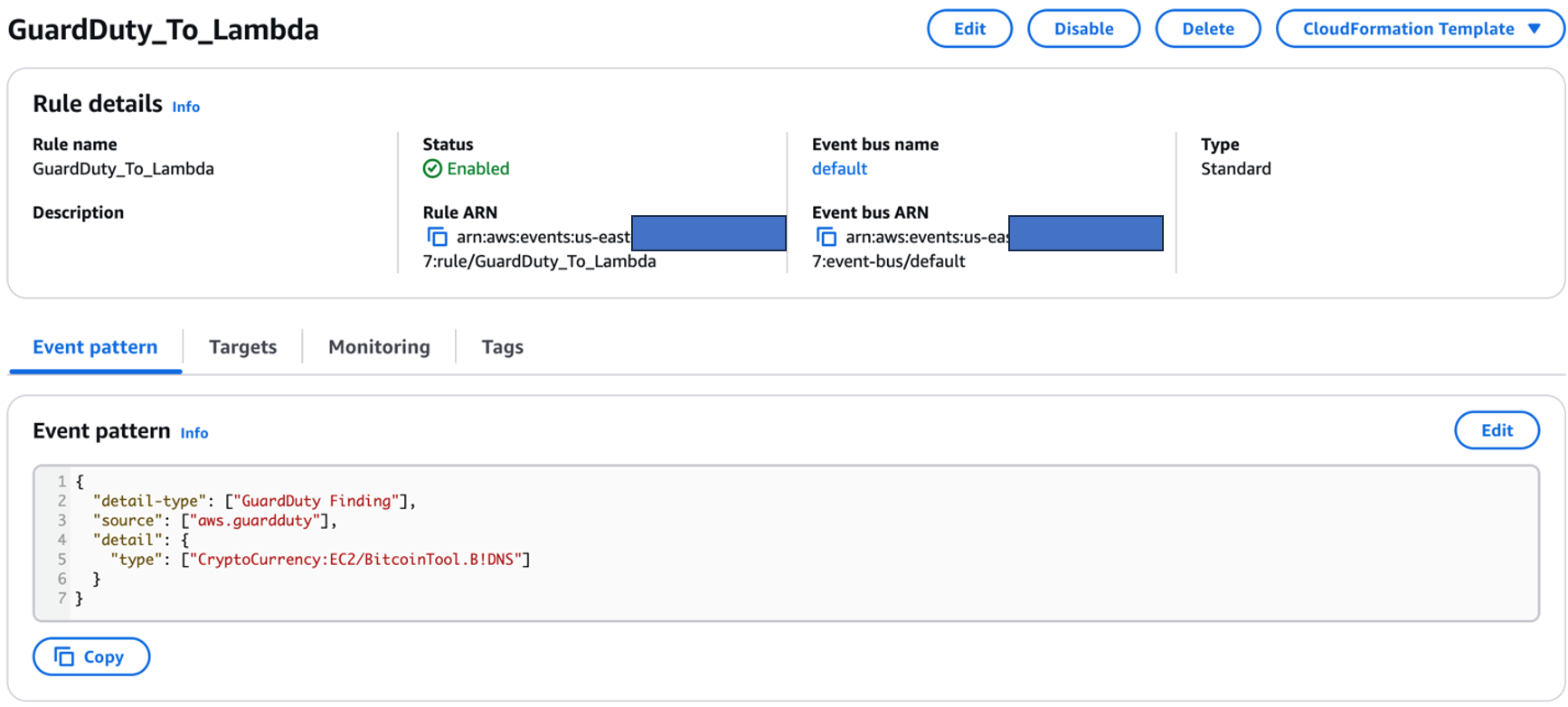 Figure 6: EventBridge rule for crypto mining GuardDuty finding