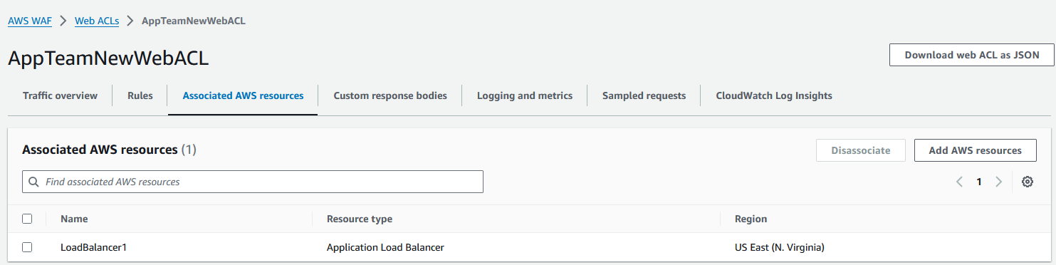 Figure 9: From the web ACL, only LoadBalancer1 is associated with the app team’s web ACL