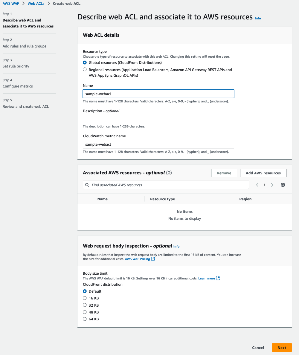 Figure 2: Describing the web ACL and associating it to resources