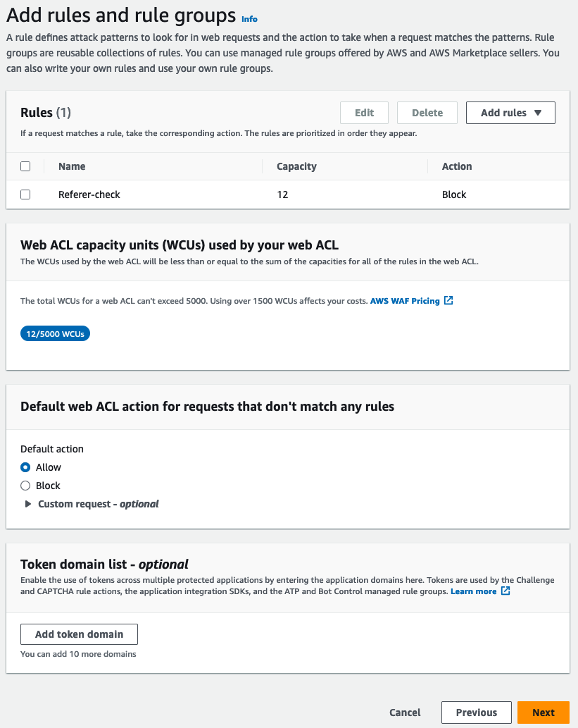 Figure 7: Rules and rule groups, WCUs, and default web ACL action