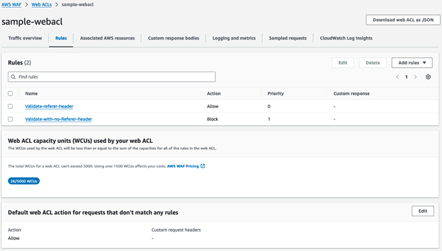Figure 31: Rules tab of sample-webacl web ACL