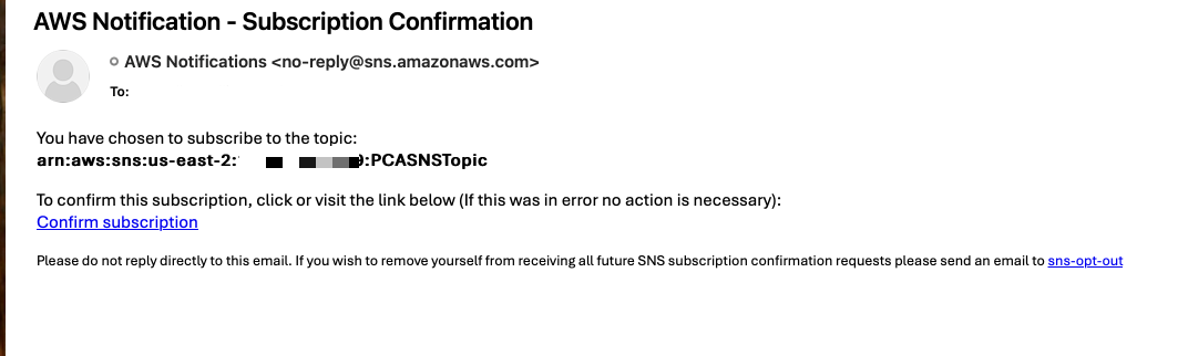 Figure 2: Sample notification email sent by Amazon SNS