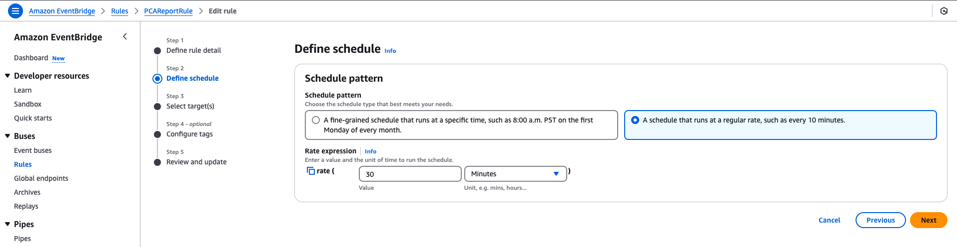 Figure 3: Edit the schedule of PCAReportRule for the test