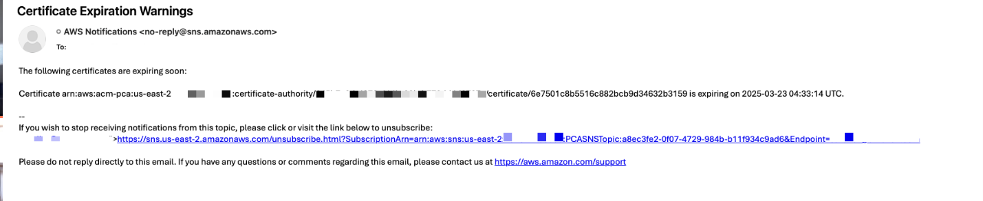 Figure 7: Sample notification email sent by Amazon SNS