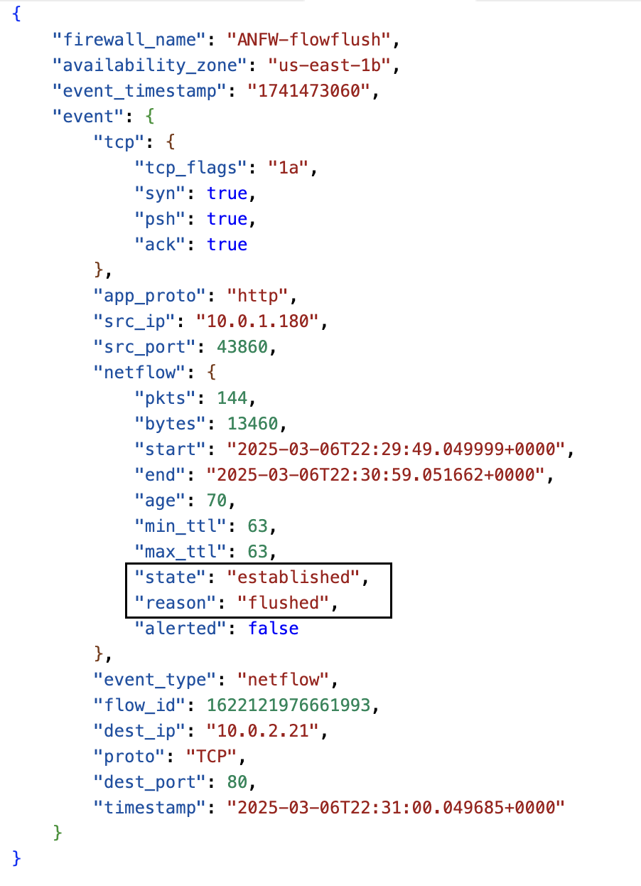 Figure 7: AWS Network Firewall Flow logs when flow is flushed